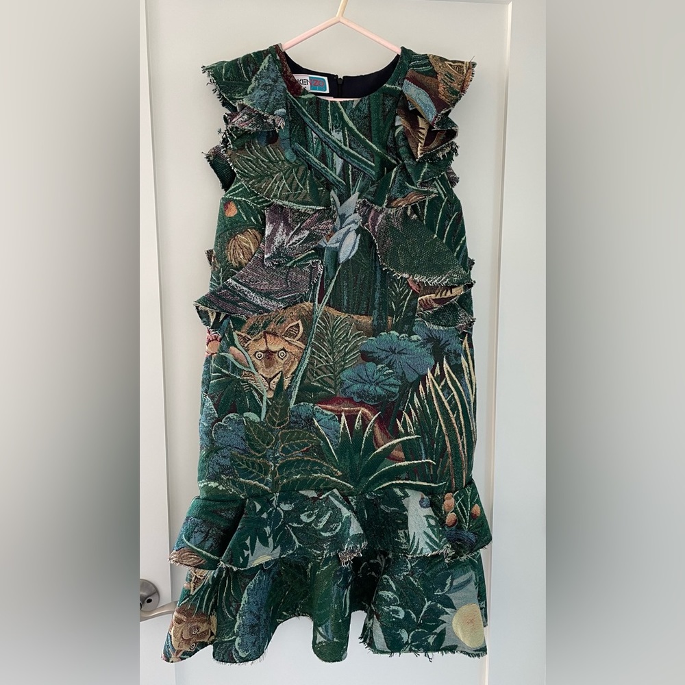 Kenzo Momento Collection 3 - Green Ruffled Tapestry Dress in Jungle Print